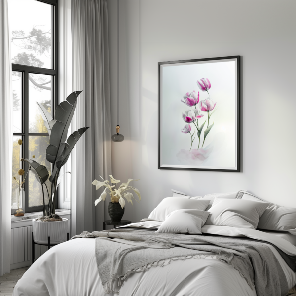 Soft pink tulips watercolor painting, elegant floral wall art for home decor.