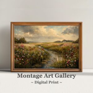 Wildflower field and stream landscape print for nature-inspired digital wall art home decor