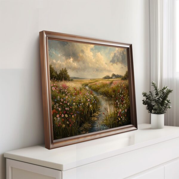 Wildflower field and stream landscape print for nature-inspired digital wall art home decor