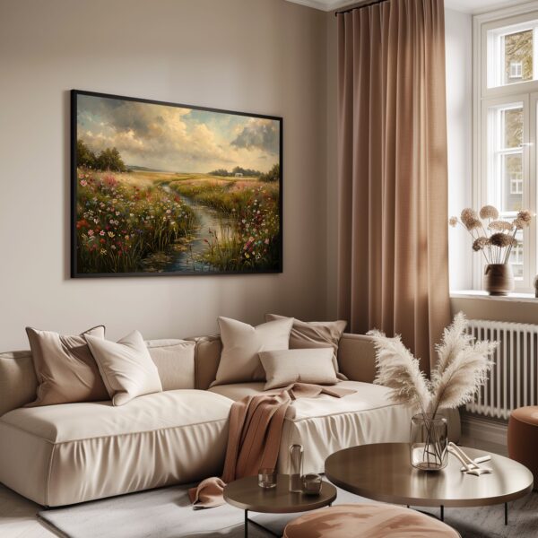 Wildflower field and stream landscape print for nature-inspired digital wall art home decor