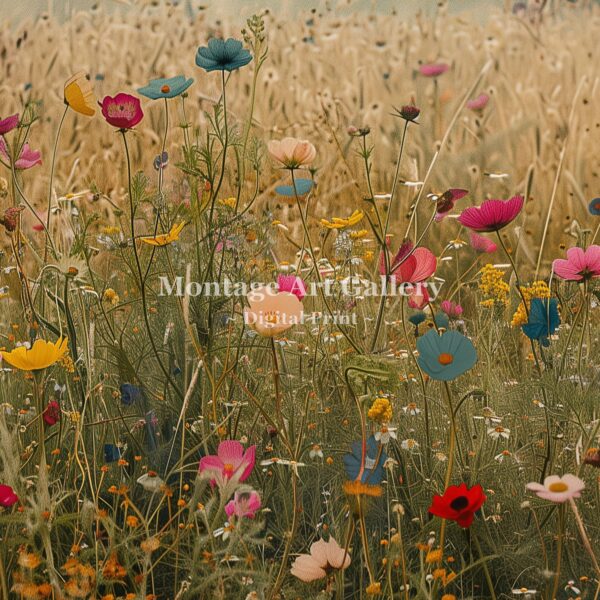 Wildflower Meadow Landscape Print with Serene Scenic View and Floral Home Decor Aesthetics