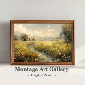 Wildflower Meadow Stream Landscape Print for nature-inspired digital wall art home decor