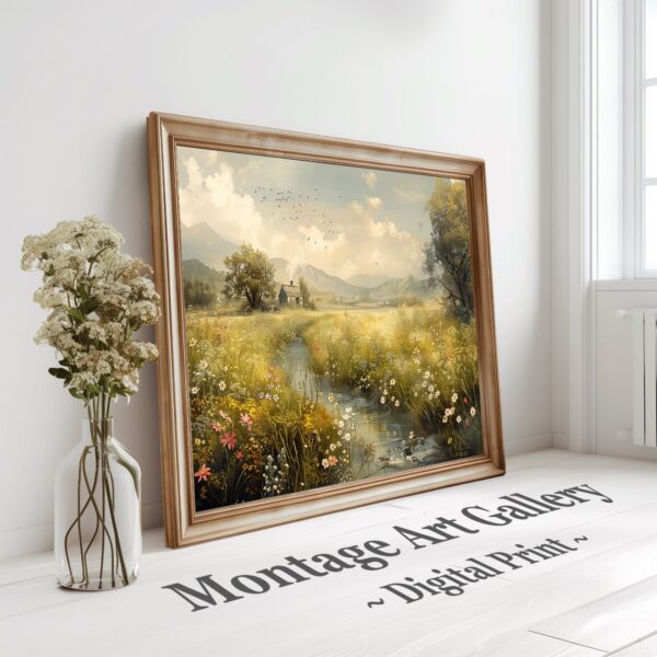 Wildflower Meadow Stream Landscape Print for nature-inspired digital wall art home decor