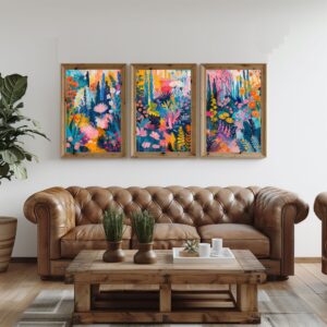 Set of 3 vibrant wildflowers prints, colorful floral wall art for modern home decor