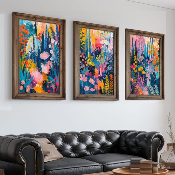 Set of 3 vibrant wildflowers prints, colorful floral wall art for modern home decor