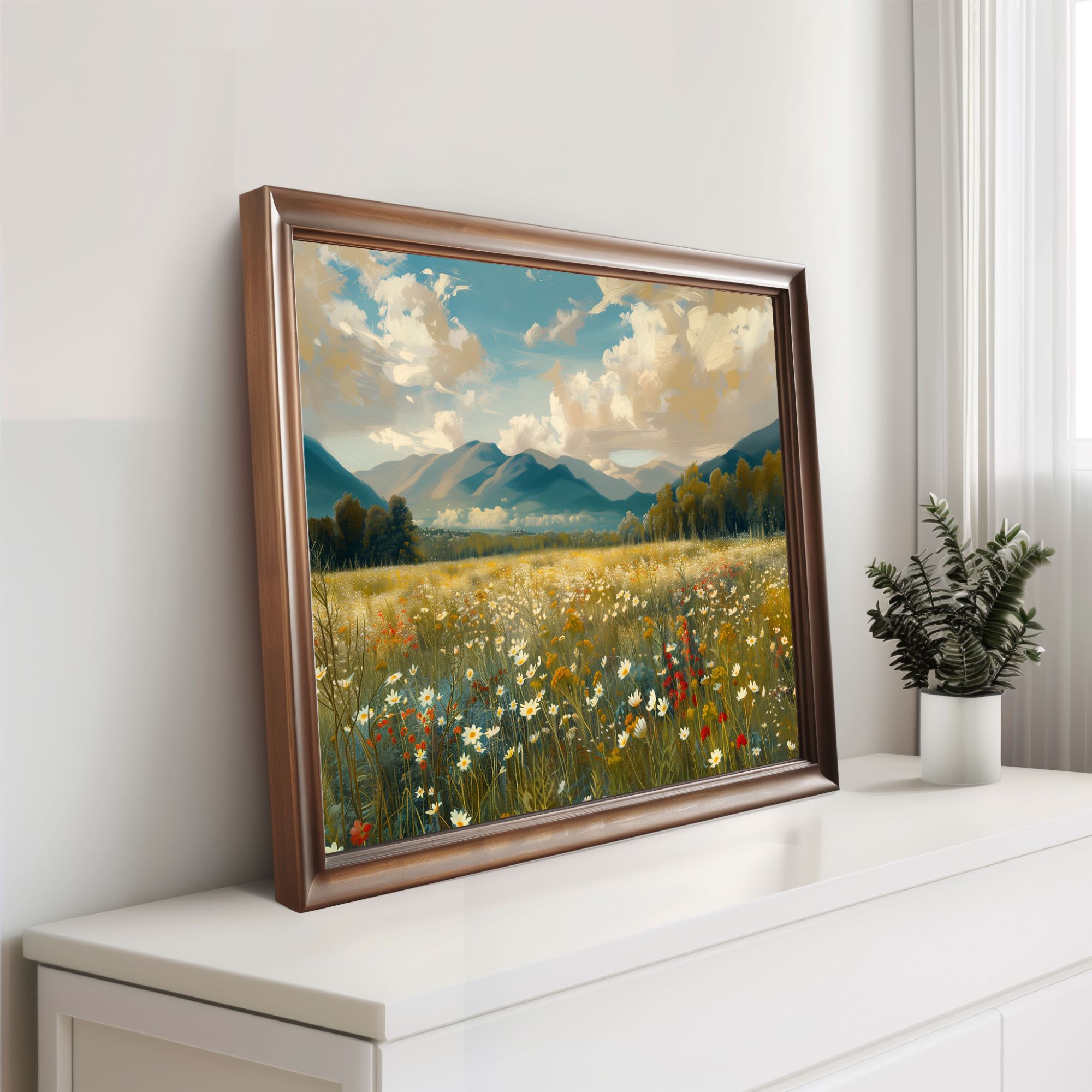 Beautiful wildflower landscape with rolling hills and blooming plains in a dreamy countryside scene