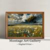 Cloudy serene meadow landscape with dramatic nature, perfect for moody home decor