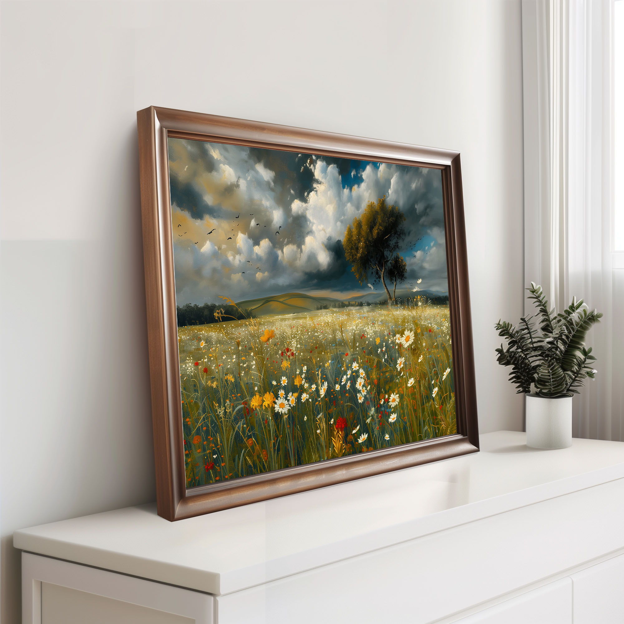 Cloudy serene meadow landscape with dramatic nature, perfect for moody home decor