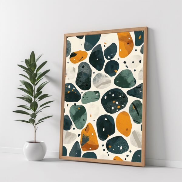 Abstract textural painting featuring a colorful cobbled symphony with a nature-inspired mosaic design.