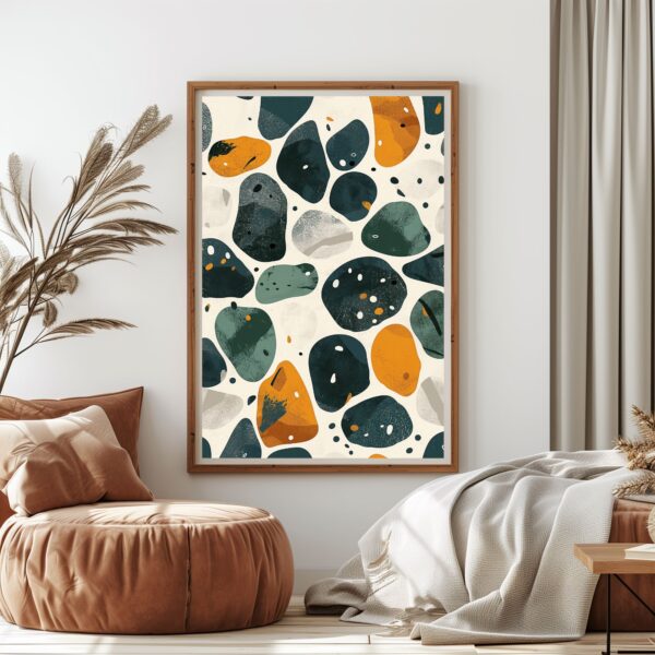 Abstract textural painting featuring a colorful cobbled symphony with a nature-inspired mosaic design.