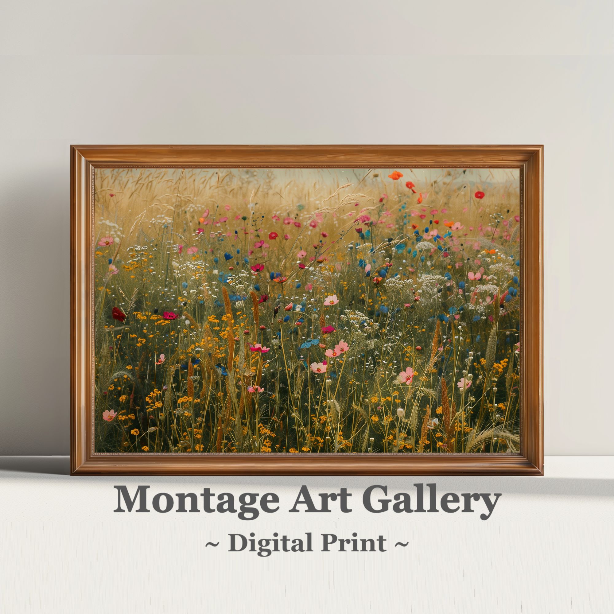 Enchanting wildflower meadow print with blooming spring field art and colorful floral home decor.