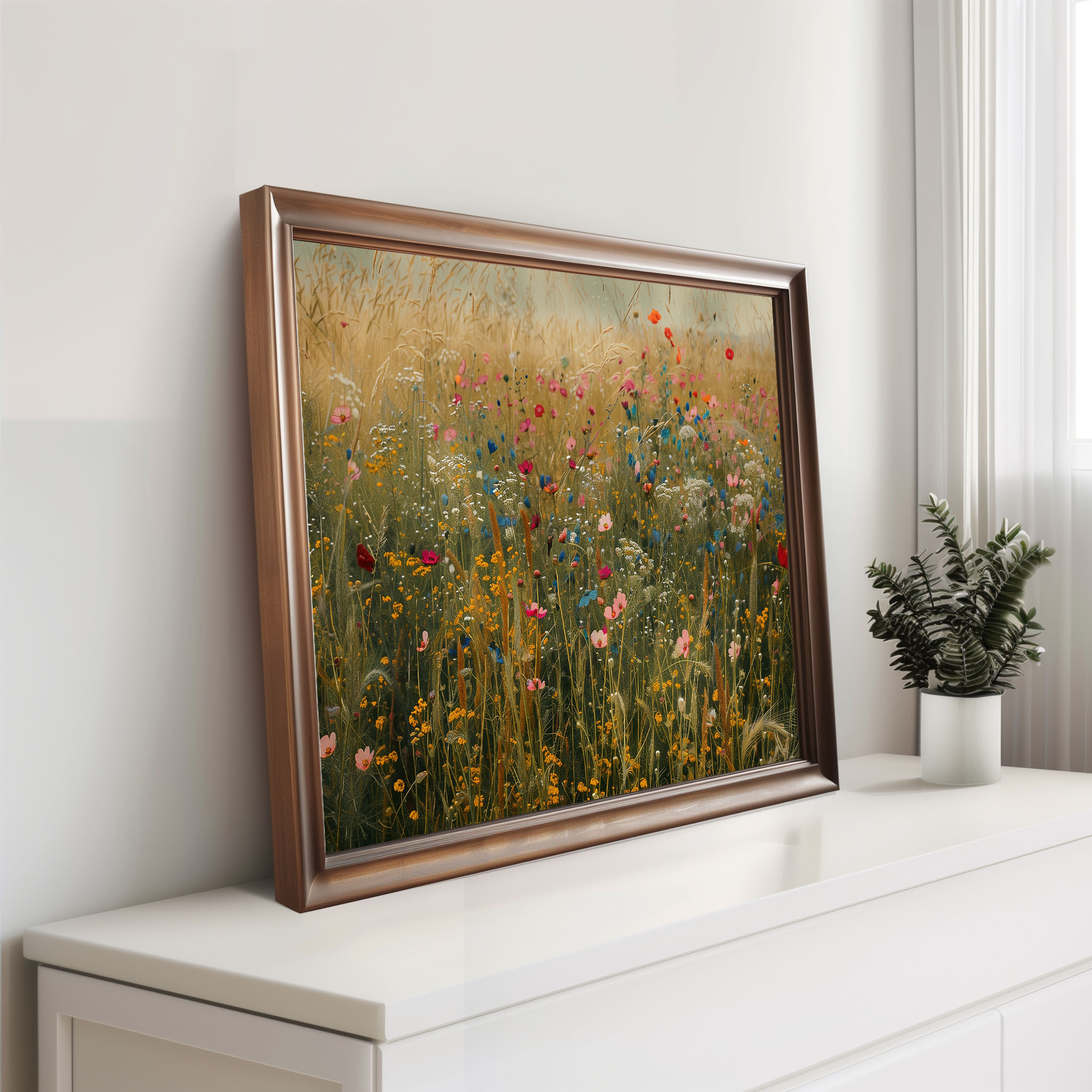 Enchanting wildflower meadow print with blooming spring field art and colorful floral home decor.