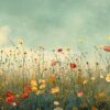 Retro wildflower field with colorful meadow blooms for home decor