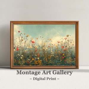 Retro wildflowers meadow print with rustic landscape flowers field