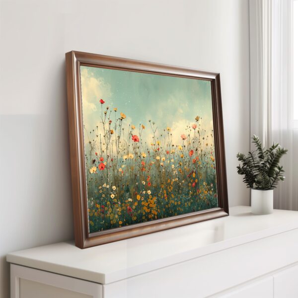 Retro wildflowers meadow print with rustic landscape flowers field