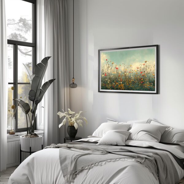 Retro wildflowers meadow print with rustic landscape flowers field