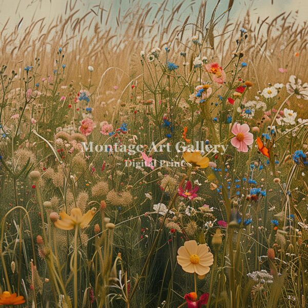 Spring wildflower meadow print showcasing tranquil nature and scenic floral decor