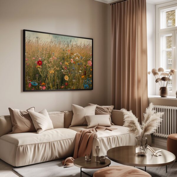 Spring wildflower meadow print showcasing tranquil nature and scenic floral decor