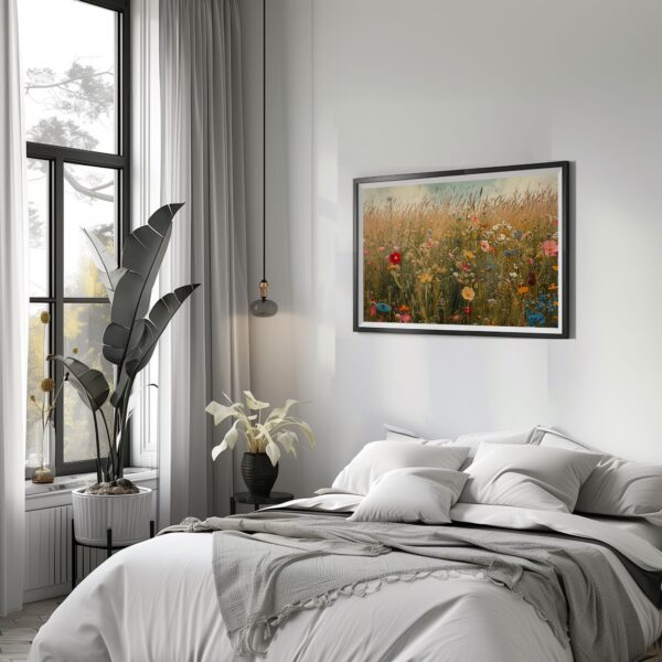 Spring wildflower meadow print showcasing tranquil nature and scenic floral decor